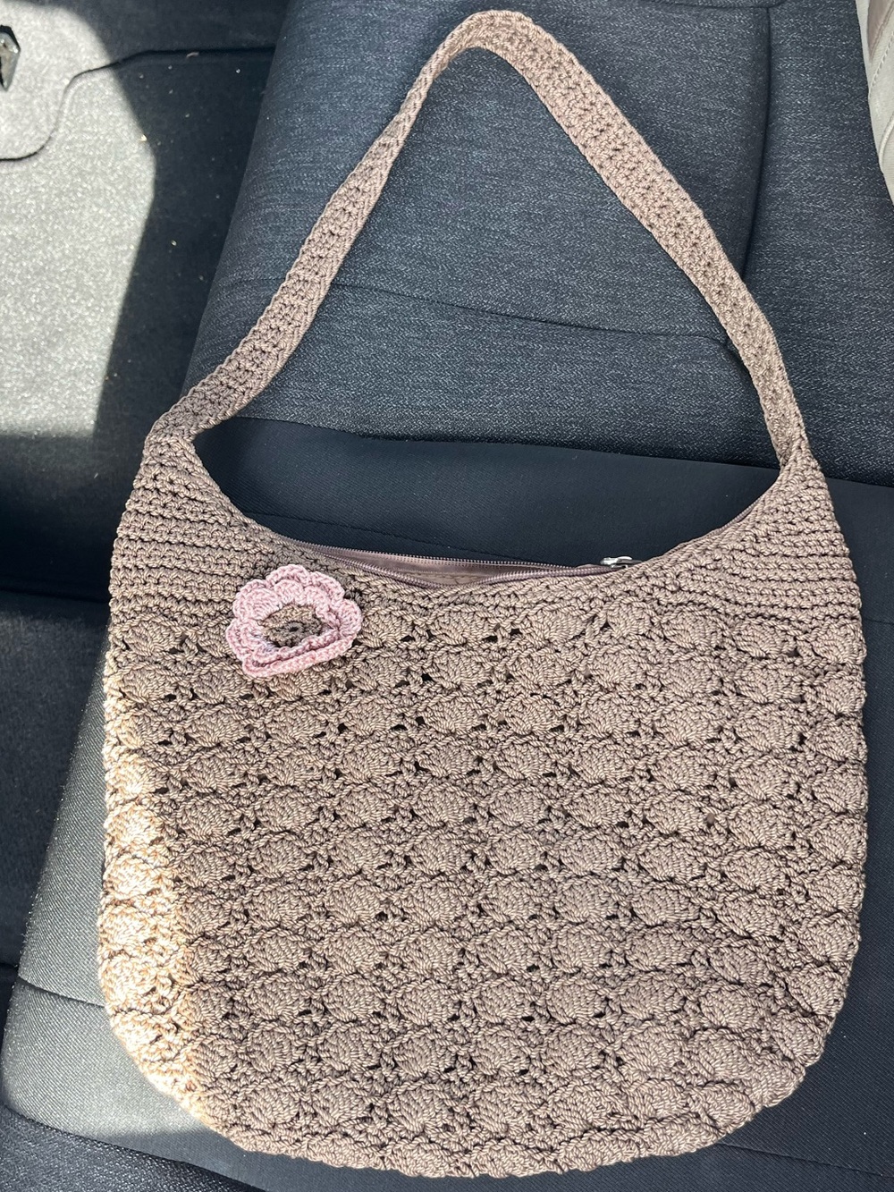 Crochet Brown Bag with Pink Flower